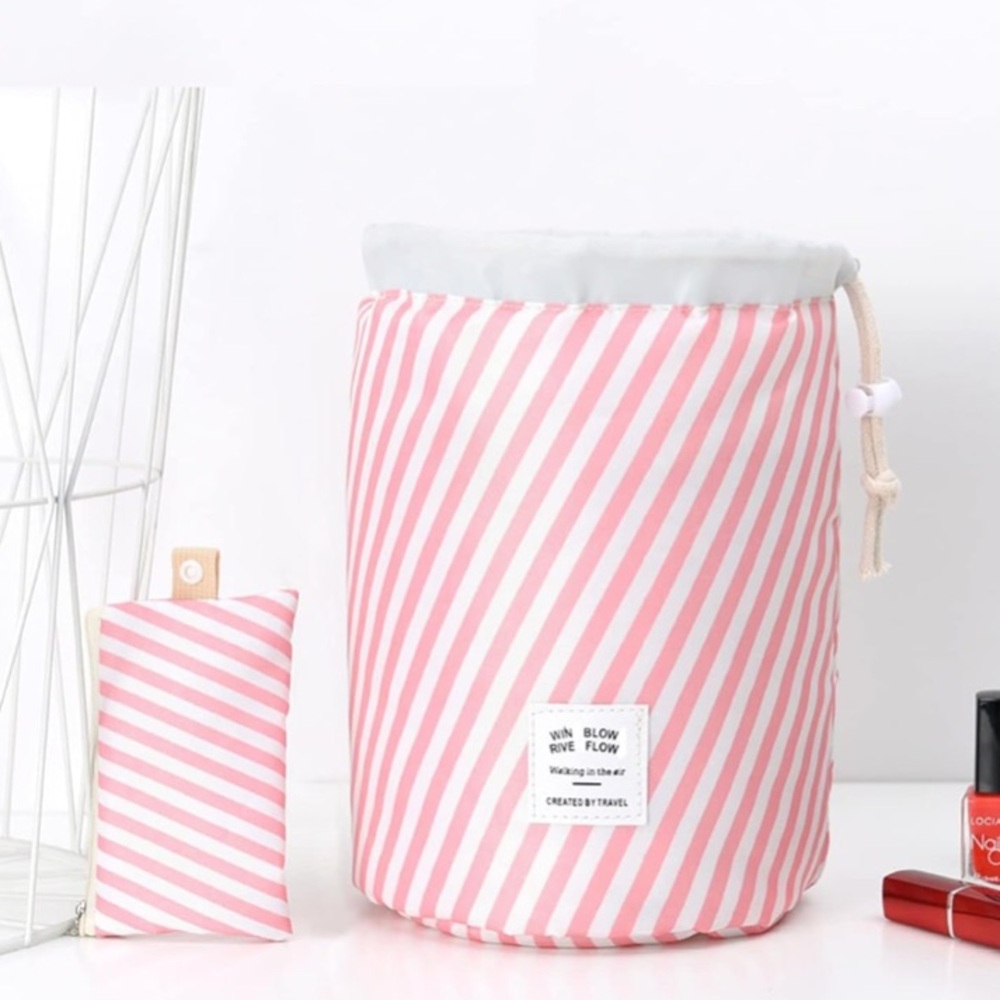 Wind Blows River Flows Pink & White
Striped Waterproof Travel Bag